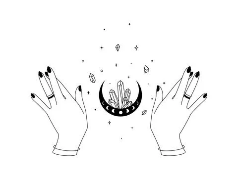 Magic hands with mystical moon and healing crystal in trendy boho line style Stock Illustration