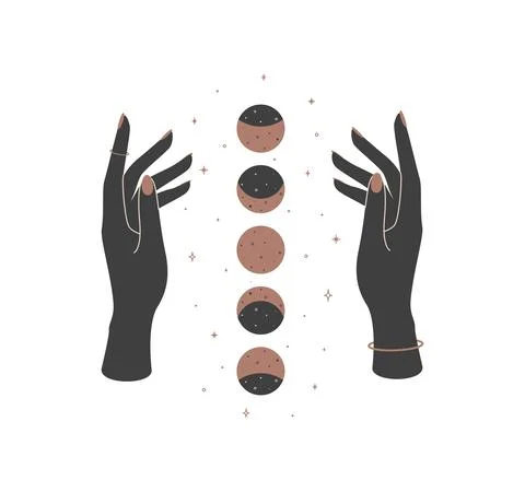 Magic hands with new moon phases in boho retro style. Crescent icon design Stock Illustration