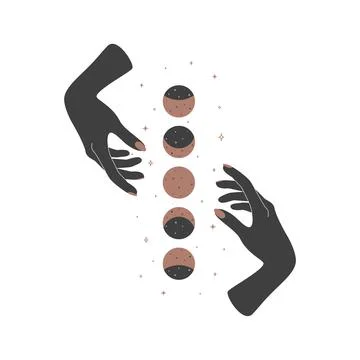 Magic hands with new moon phases in boho retro style. Mystic Crescent icon Stock Illustration