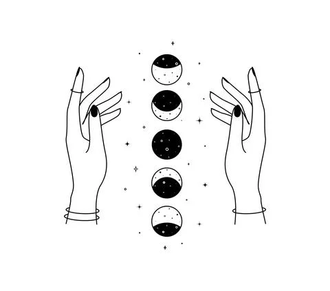 Magic hands with new moon phases in thin linear style. Crescent icon design Stock Illustration