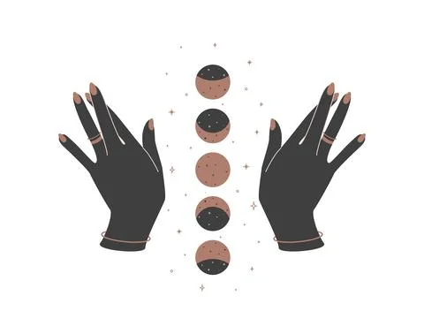 Magic hands with new moon phases in boho retro style. Esoteric crescent icon and Stock Illustration