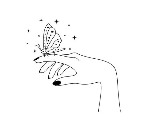 Magic hands with night butterfly outline. Celestial moth wings for branding logo Stock Illustration