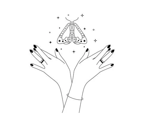 Magic hands with night flying moth in line art style. Esoteric and mystical Stock Illustration
