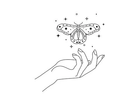 Magic hands with night flying moth in line art style. Esoteric and mystical Stock Illustration