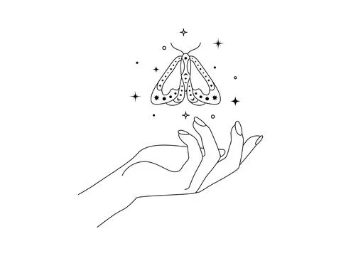 Magic hands with night flying moth in line art style. Esoteric and mystical Stock Illustration