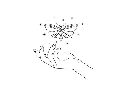 Magic hands with night flying moth in line art style. Esoteric and mystical Stock Illustration