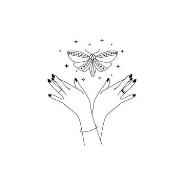 Magic hands with night moth in line art style. Esoteric and mystical butterfly Stock Illustration