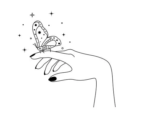 Magic hands with night moth in line art style. Esoteric and mystical butterfly Stock Illustration