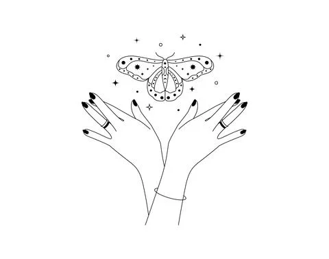 Magic hands with night moth in line art style. Esoteric and mystical butterfly Stock Illustration