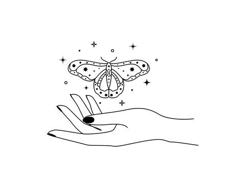 Magic hands with night moth in line art style. Esoteric butterfly wings for Stock Illustration