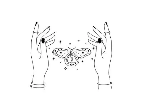 Magic hands with night moth in line art style. Esoteric and mystical butterfly Stock Illustration