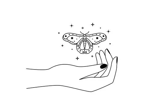 Magic hands with night moth in line art style. Mystical butterfly for branding Stock Illustration