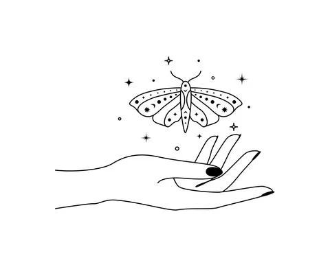 Magic hands with night moth outline. Celestial and mystical butterfly wings for Stock Illustration