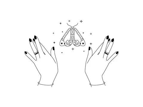 Magic hands with night moth outline. Celestial and mystical butterfly wings for Stock Illustration
