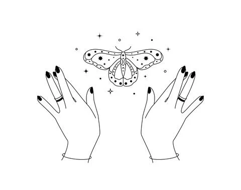 Magic hands with night moth outline. Esoteric and mystical butterfly wings for Stock Illustration