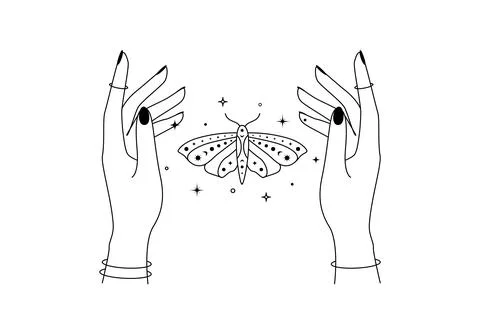 Magic hands with night moth outline. Celestial and mystical butterfly wings for Illustrazione stock