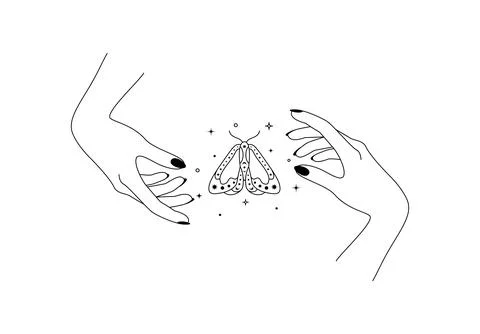 Magic hands with night moth outline. Celestial butterfly wings for branding logo Stock Illustration