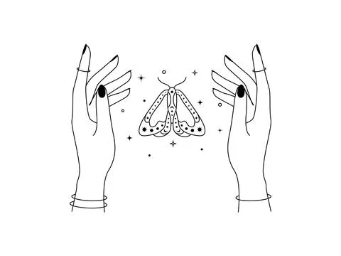 Magic hands with night moth outline. Celestial and mystical butterfly for Stock Illustration
