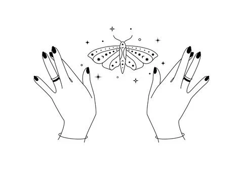 Magic hands with night moth outline. Celestial and mystical butterfly wings for Stock Illustration