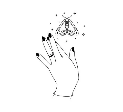 Magic hands with night moth outline. Esoteric and mystical butterfly wings for Stock Illustration