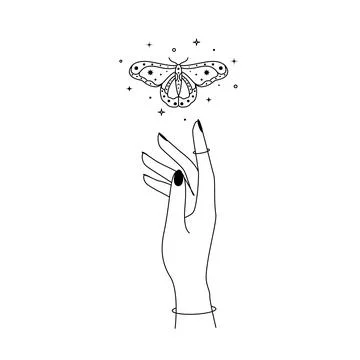Magic hands with night moth outline. Esoteric and mystical butterfly wings for Stock Illustration