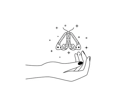Magic hands with night moth outline. Celestial and mystical butterfly wings for Stock Illustration