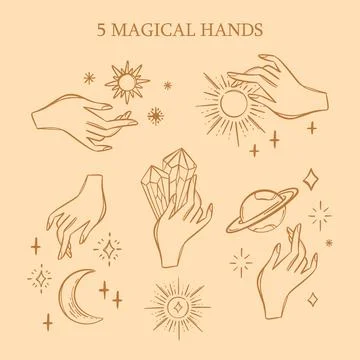 MAGIC HANDS Witchcraft Variations Esoteric Astrology Set Illustrazione stock
