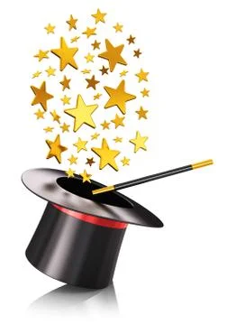 Magic hat and magic wand with gold stars Illustrazione stock