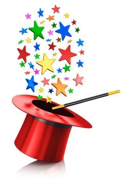 Magic hat and magic wand with color stars Stock Illustration