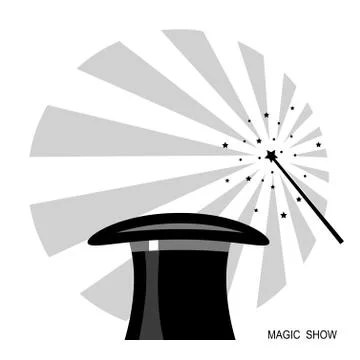 Magic hat and magic wand.Vector black white label Stock Illustration