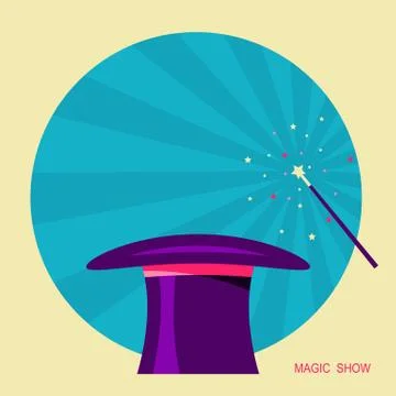Magic hat and magic wand.Vector label for design Stock Illustration