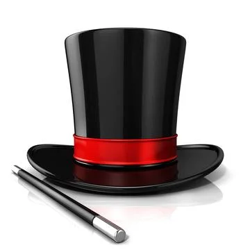 Magic hat and wand, 3D Magic hat and wand, 3D render isolated on white bac... Foto stock