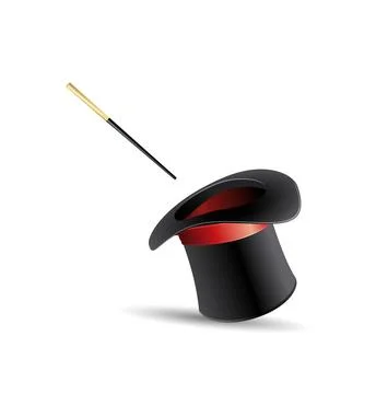 Magic hat and wand with sparkles. Magical stars glow. Vector illustration Stock Illustration