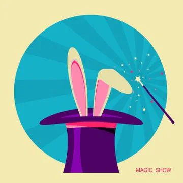Magic hat and white rabbit .Vector label for design Stock Illustration