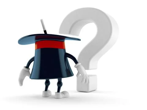 Magic hat character looking at question mark symbol Stock Illustration