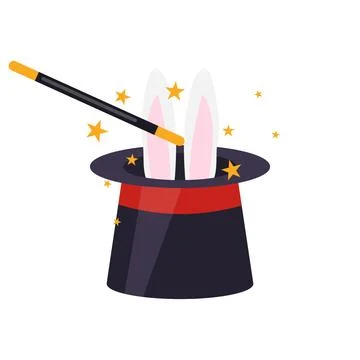 Magic hat, icon of a magic hat and wand with bunny ears. Magician's hat icon Ilustração Stock