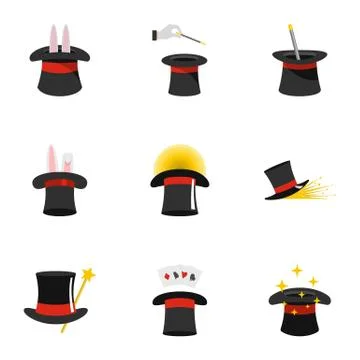 Magic hat icons set, flat style Stock Illustration