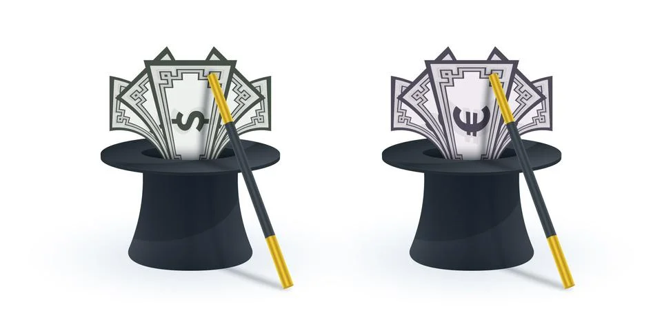Magic hat with magic wand and banknotes Stock Illustration