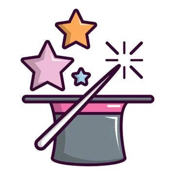 Magic hat with magic wand icon, cartoon style Stock Illustration