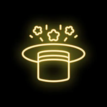 Magic hat with stars appearing in yellow neon light Stock Illustration