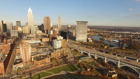 Magic Hour Aerial Shot of Downtown Cleveland Stock Footage