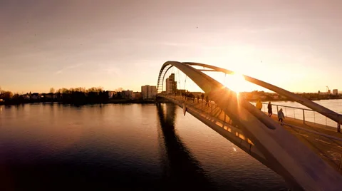 Magic hour light. bridge. lake. sunset. aerial view. flying Stock Footage 36173892