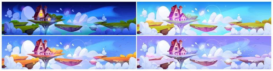 Magic house float on platform landscape season set Ilustração Stock
