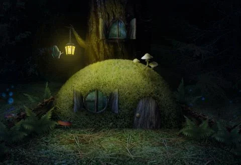 Magic house in the woods at night a beautiful moss tree. Stock Illustration