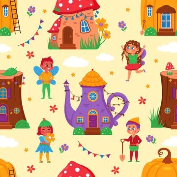 Magic houses seamless pattern. Little funny homes, fabulous creatures with Stock Illustration