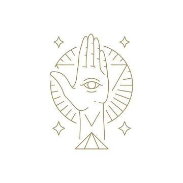 Magic human palm with all seeing eye pyramid circle triangle frame with shini Stock Illustration