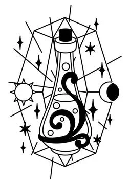 Magic illustration with elixir. Mystic, alchemy, spirituality and tattoo art. Stock Illustration