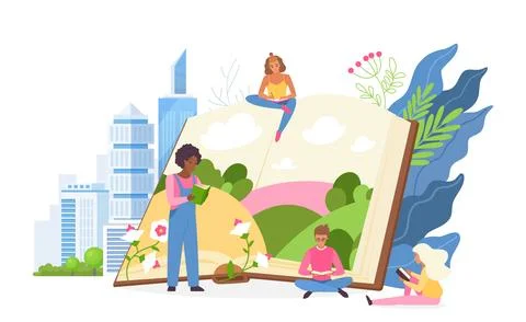 Magic inspiration from reading books, tiny happy people read creative story and 스톡 일러스트