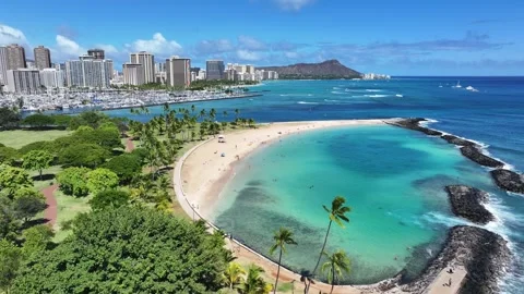Magic Island, Ala Moana Beach Park, Waikiki, Honolulu, Oahu, Hawaii Stock Footage 327494089