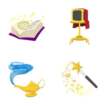 Magic items cartoon set with spellbook and lamp Illustrazione stock